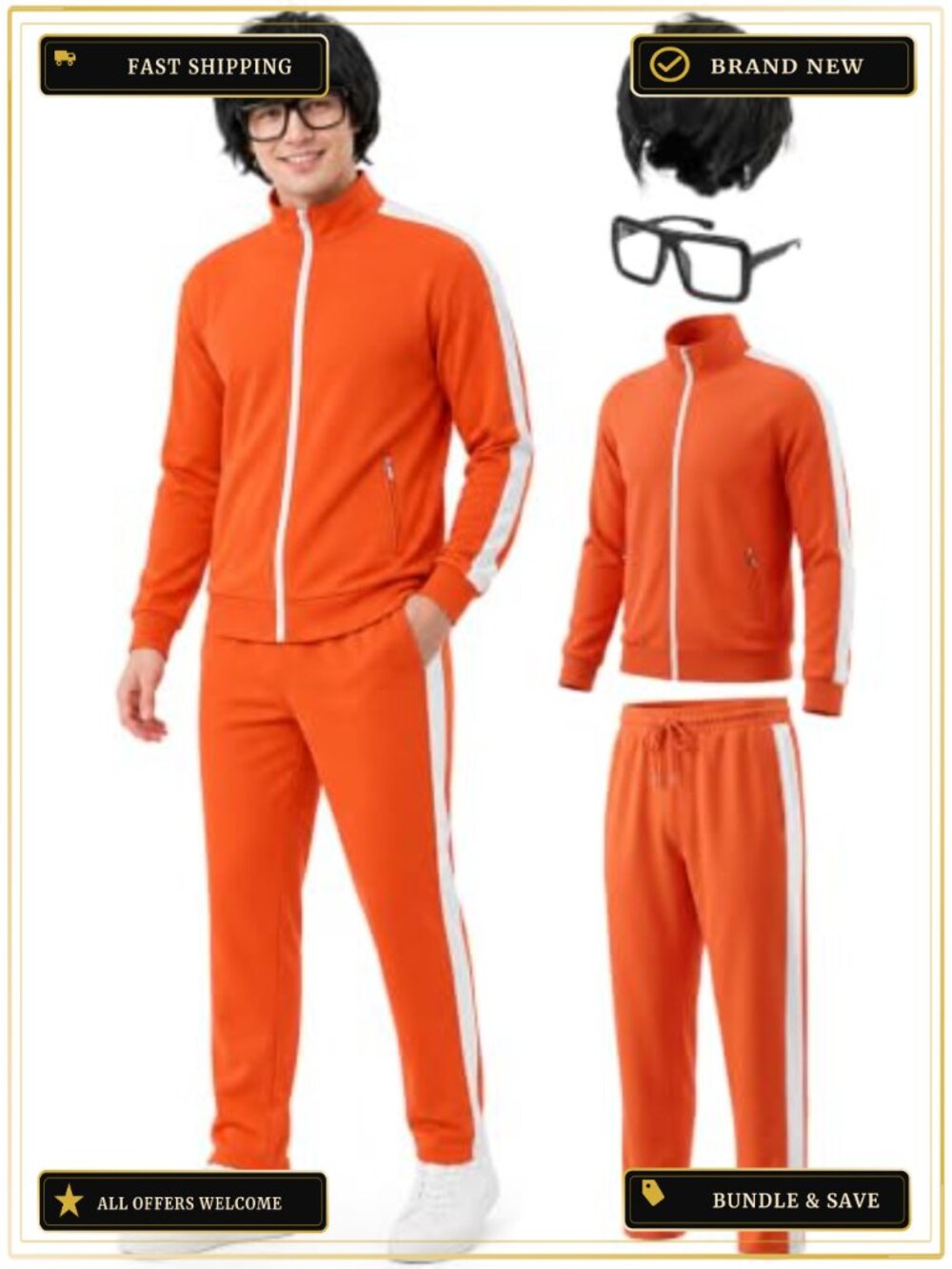 Mens Halloween Tracksuit Costume 4-Piece Set with Wig & Glasses Cosplay
